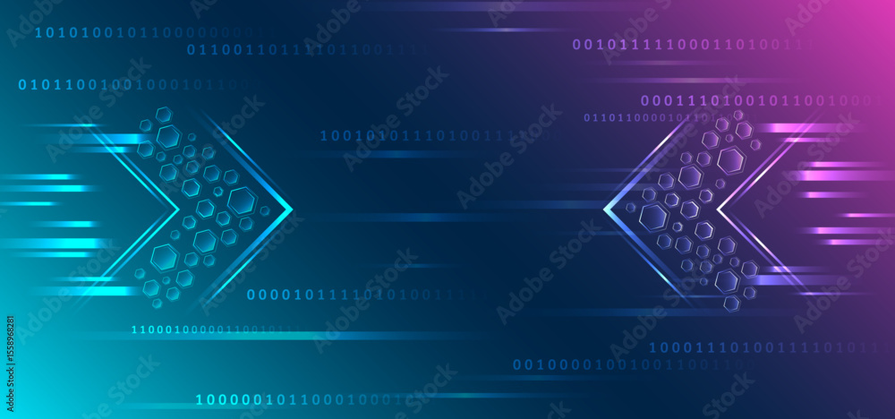 Poster Futuristic blue background with hexagons and directional arrows symbolizes forward movement, technology, progress and digital transformation. Hi-tech background for presentation and banners.