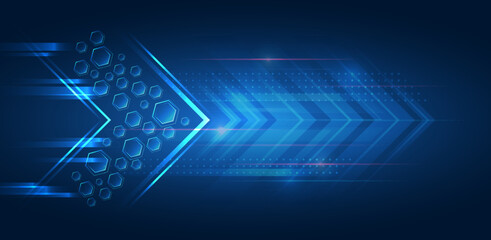Futuristic blue background with hexagons and directional arrows symbolizes forward movement, technology, progress and digital transformation. Hi-tech background for presentation and banners.