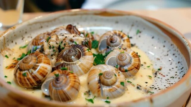A plate of cooked snails in garlic butter, parsley, and spices, a gourmet French meal.