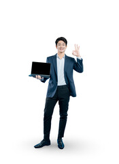 young businessman holds a laptop with a blank screen and makes an 