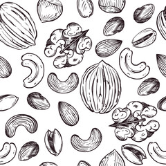 Seamless vector pattern. Nuts, walnuts, hazelnuts, cashews, almonds, and pistachios, all objects are hand-drawn in vector. For printing on fabric, paper, for food packaging design.