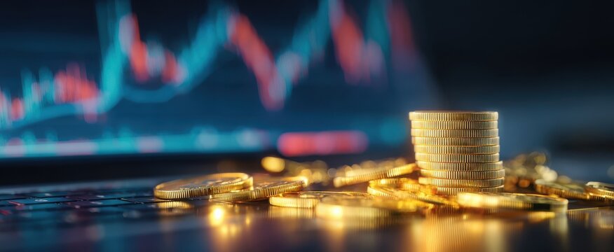 The stack of gold coins on a laptop with financial graphs in the background.