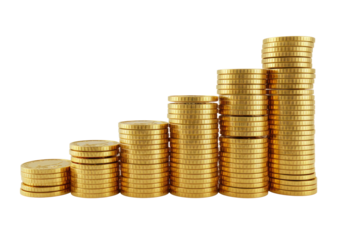 Shiny, reflective gold coins neatly stacked in an ascending bar graph pattern, each precisely minted with clear details, isolated on a pristine transparent background with strong gleam, conveying