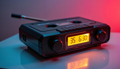 Retro cassette player with an illuminated display on a stylish surface