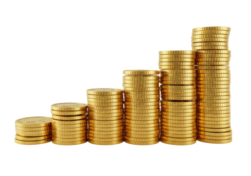 Shiny, reflective gold coins neatly stacked in an ascending bar graph pattern, each precisely minted with clear details, isolated on a pristine transparent background with strong gleam, conveying
