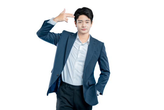 A stressed young businessman makes a finger gun gesture to his head, a humorous concept for deadlines, pressure, and burnout.
