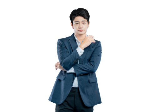 Portrait of a serious and confident young Asian businessman with his arms crossed, conveying professionalism and authority.
 - Powered by Adobe