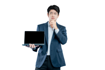 A pensive young professional holds a laptop and looks thoughtful, contemplating a problem or technical issue.