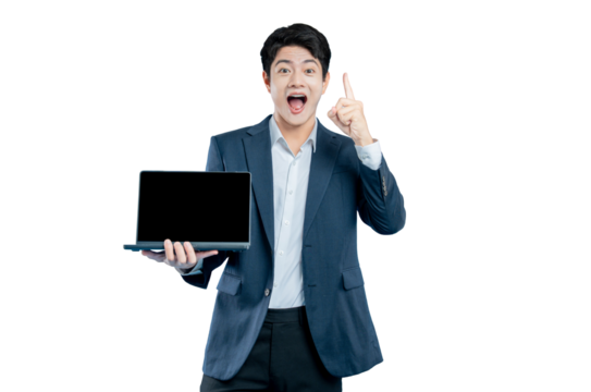 A young businessman, holding a laptop and pointing upwards with a great idea for a tech solution.
