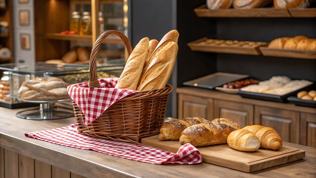 A display of freshly baked bread in a bakery with a rustic theme