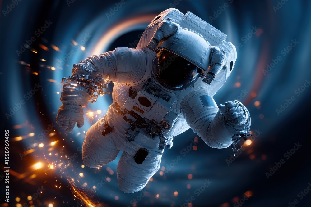 Poster astronaut navigating through a cosmic vortex while exploring the unknown realms of space