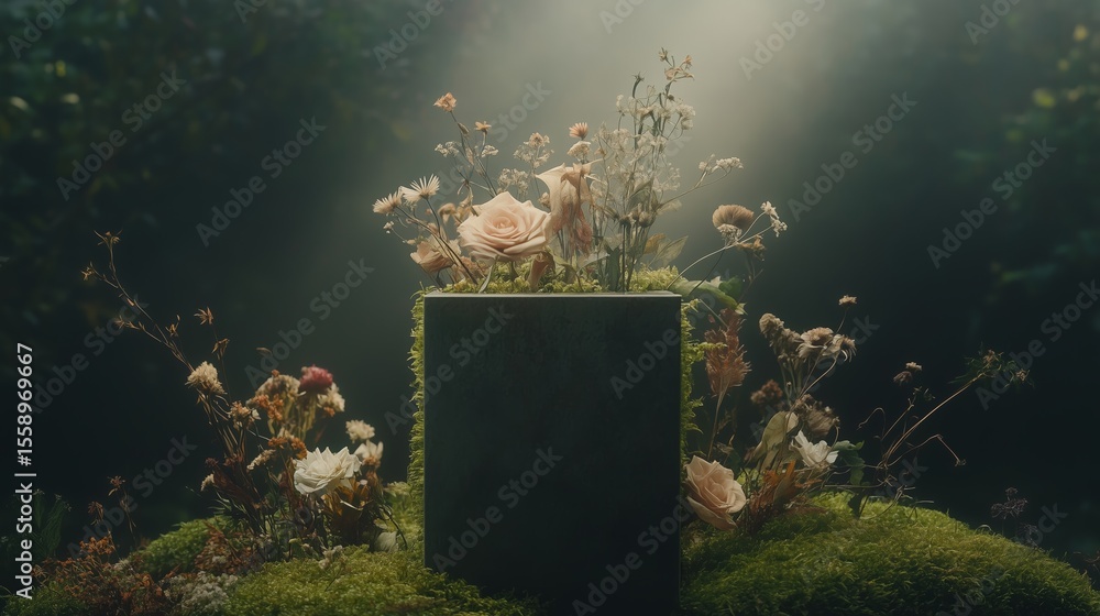 Poster beautiful arrangement of flowers in a serene forest setting with soft light illuminating the natural
