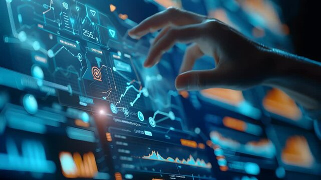 Hand interacting with futuristic digital interface and virtual elements