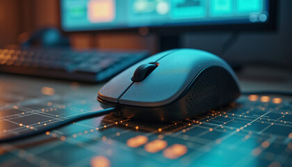Gaming mouse on illuminated mouse pad with computer monitor in background, creative workspace