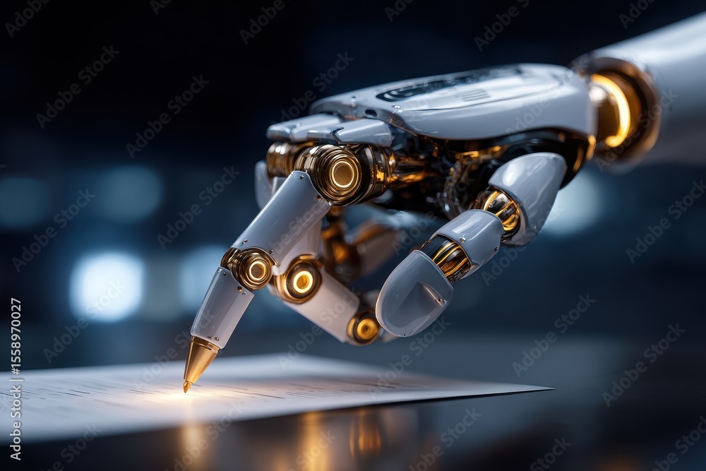Poster robotic hand holding a pen to write on a document in a modern, technology-driven environment