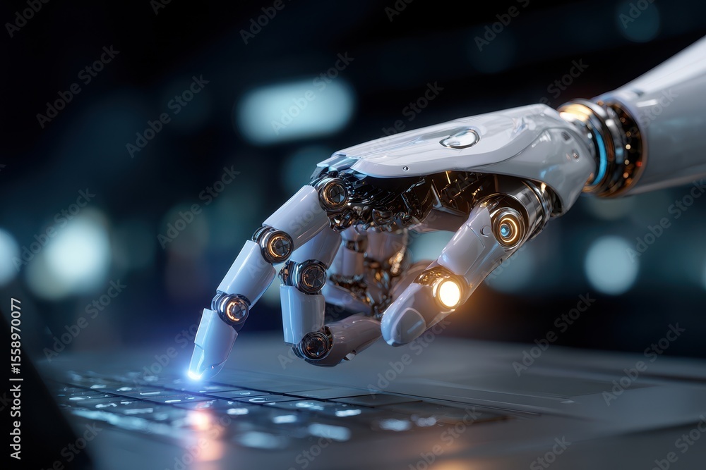 Poster robot hand interacts with laptop computer in a futuristic workspace setting demonstrating advanced t