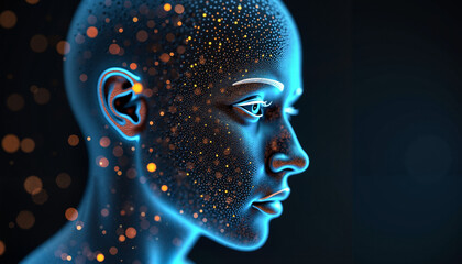 Futuristic female face with glowing particles and a digital aesthetic