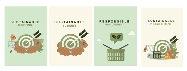 Four eco friendly business concept cards set featuring sustainable shopping. sustainable business. responsible procurement and sustainable procurement. Flat syle. Green procurement.Vector illustration