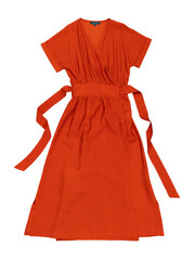 Terracotta summer dress with short sleeves and belt isolated on white background