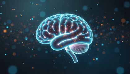 Neon glowing brain illustration with abstract background and luminous particles
