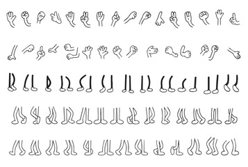Vector set of feet in shoes and hand gestures in doodle style. Legs and hands poses. Vector illustration. Vector illustration