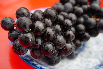Glossy Black Grapes in Close-Up with Water Droplets