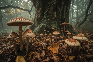 Enchanting autumn mushrooms clustered in misty forest