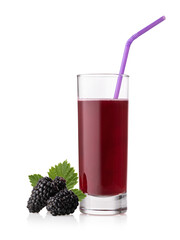 Blackberry juice in a glass with a purple straw and several blackberries isolated on white background, design element.