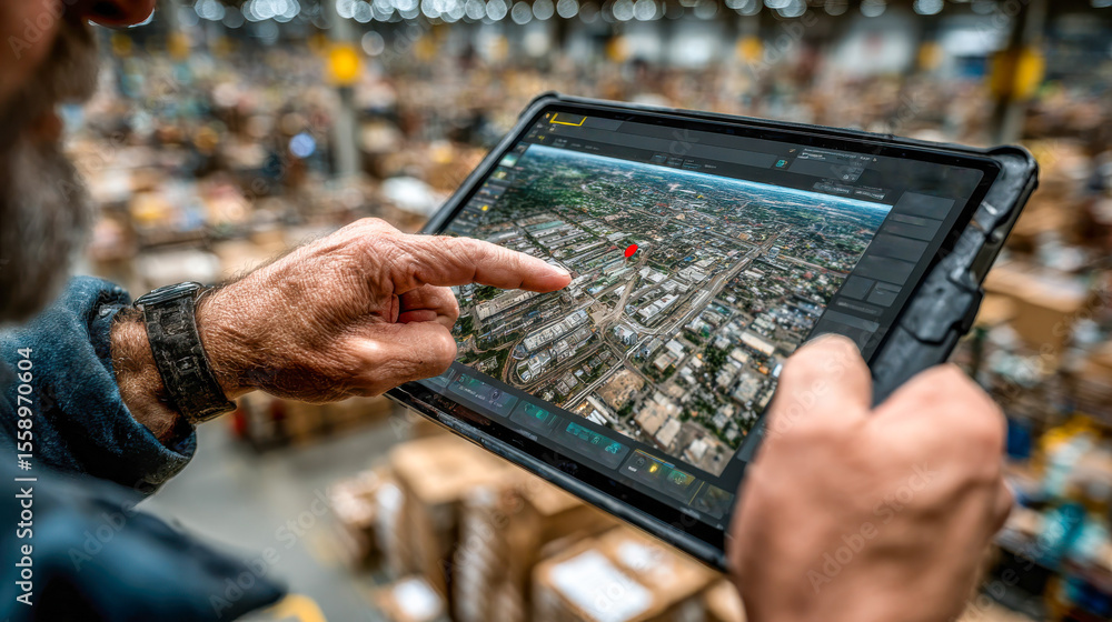 Poster close-up of a rugged hand pointing to a digital map on a tablet in a warehouse environment, emphasiz
