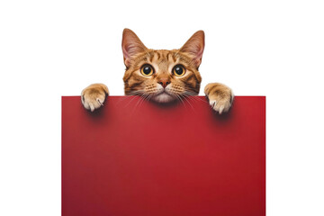 Curious Cat with Striking Eyes Peering Over Red Blank Sign in a Playful and Engaging Pose Captured in a Studio Setting