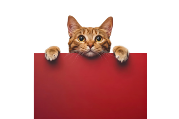 Curious Cat with Striking Eyes Peering Over Red Blank Sign in a Playful and Engaging Pose Captured in a Studio Setting