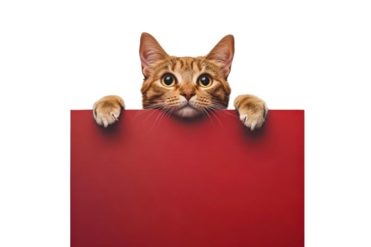 Curious Cat with Striking Eyes Peering Over Red Blank Sign in a Playful and Engaging Pose Captured in a Studio Setting