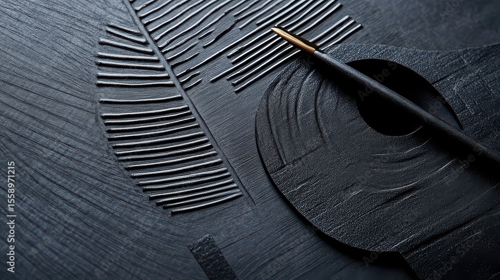 Poster close up of a black textured surface with a feather design and a stylus resting on the surface