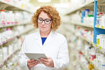 A female pharmacist in a white coat and glasses uses a tablet while standing between pharmacy shelves filled with medicine bottles.