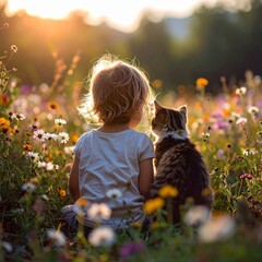 Petit enfant de dos avec son chaton, assis dans un champ fleuri. Generated Image.