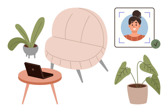 Chair, laptop on side table, houseplants, and profile confirmation screen. Ideal for remote work, video calls, workspace design, online identity, personal branding productivity modern living