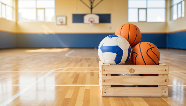 Sports balls in wooden crate on gym floor with basketball hoop   - Powered by Adobe