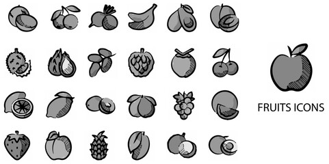 Fruits simple concept 24 hand drawn Grew color icons set .Vector illustration.	