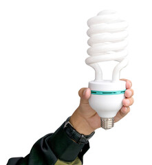 Hand holding energy-saving light bulb against on transparent background. png file