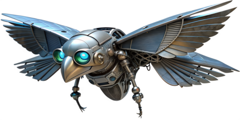 A futuristic mechanical bird robot with metallic gray wings, isolated on transparent background, soars through the air with glowing blue eyes