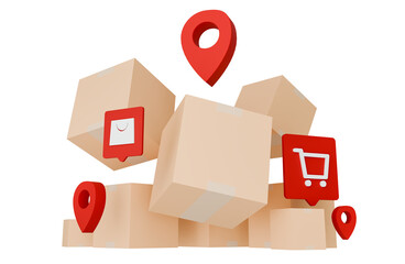 E-commerce logistics with cardboard boxes and delivery location icons.. on transparent background. png file