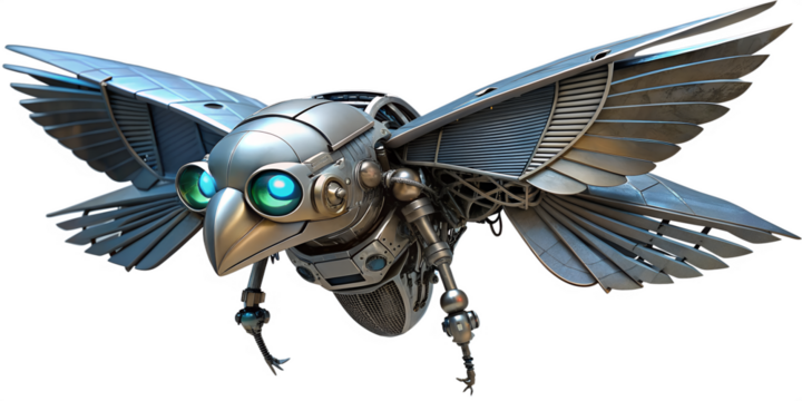 A futuristic mechanical bird robot with metallic gray wings, isolated on transparent background, soars through the air with glowing blue eyes