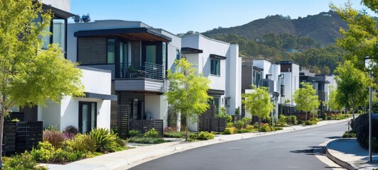 Fototapeta premium The modern residential street with contemporary houses and lush greenery.