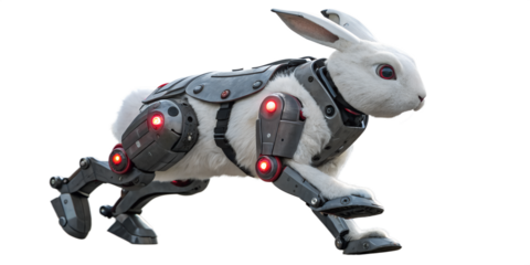 Futuristic cybernetic white rabbit with glowing red eyes and mechanical limbs running isolated on transparent background