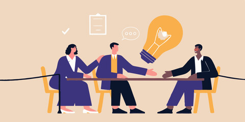 Diverse business team collaborates on a new idea with a glowing lightbulb symbol