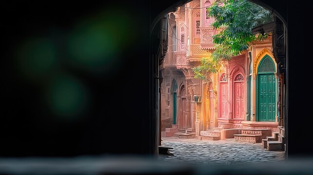 Warm Light Illuminates Colorful Old City Street with Carved Wooden Windows