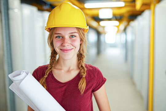 Young female construction worker smiling confidently while holding architectural blueprints in a bright hallway. - Powered by Adobe