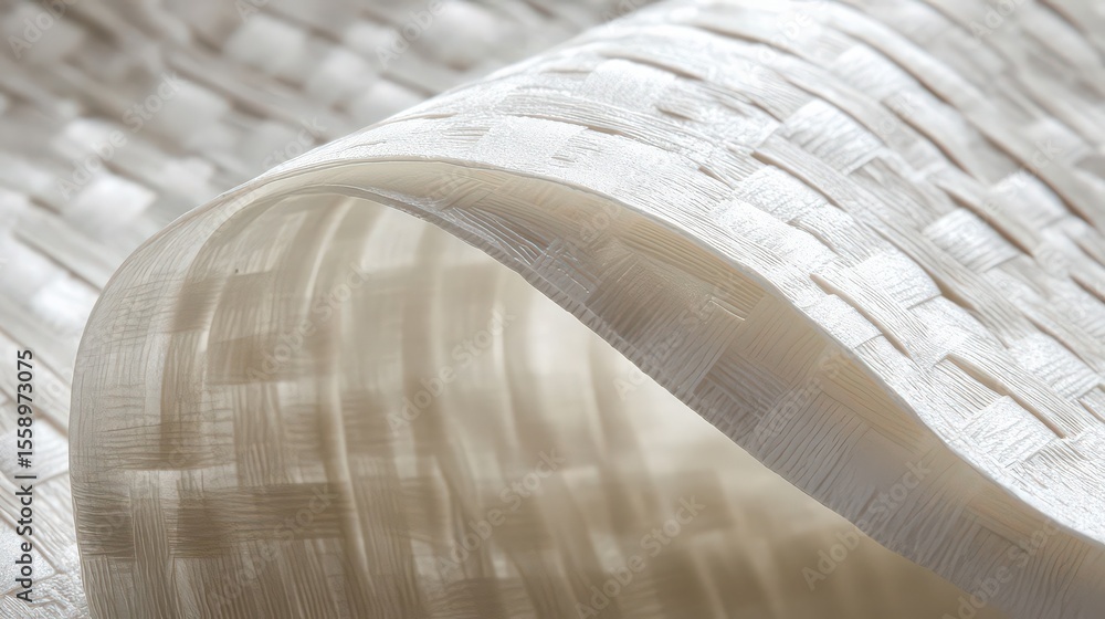 Poster close up of a textured white woven material rolled up showing the intricate pattern and subtle shado