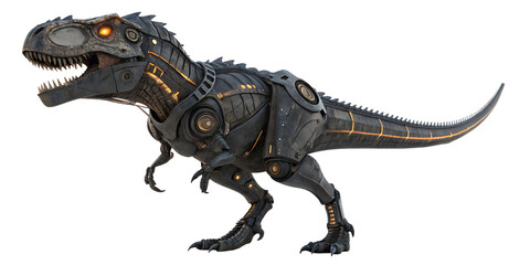 Intricate mechanical tyrannosaurus rex robot with glowing orange eyes and internal lights detailed futuristic design isolated on transparent background
