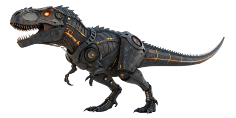 Intricate mechanical tyrannosaurus rex robot with glowing orange eyes and internal lights detailed futuristic design isolated on transparent background